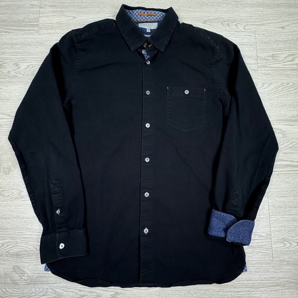 Ted Baker Mens Button Down Shirt Black Size 4 Medium Long Sleeve Textured